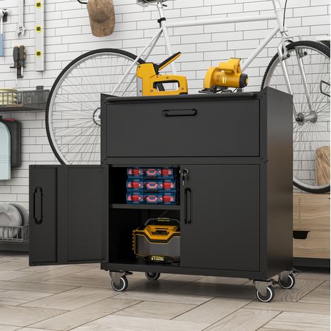 Armoire à outils en métal sur roulettes, 1 tiroir et 2 portes verrouillables, étagères réglables, garage ou atelier, 75 x 42 x 88 cm, noir et gris – CHICFURN (1/5)