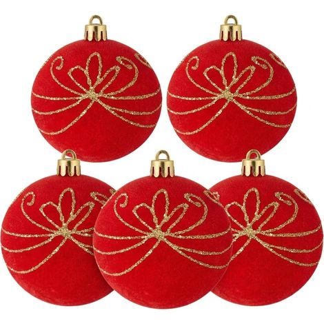 5 Palle per Albero di Natale grandi 10cm Velluto ROSSO con Decorazioni oro Palla sfera natalizia' addobbi rossi ghirlande Eleganti e particolari arredo casa e locali commerciali (1/5)