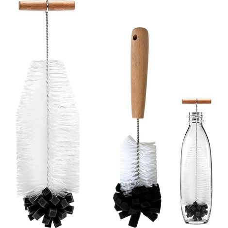 Spazzolino per biberon da 33 cm – Compatibile con biberon e bottiglie strette in vetro e plastica – Setole in nylon resistenti, testina in spugna morbida e manico ergonomico in legno. (1/5)