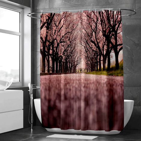 Rideau de douche motif montagne et lac au coucher du soleil, polyester imperméable, 150x180 cm (1/5)