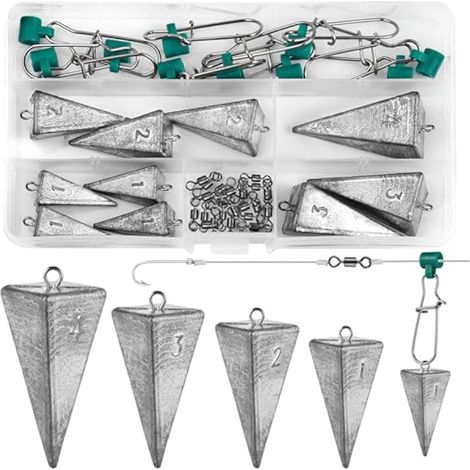 10 Plombs Pyramide, Poids pour Pêche en Surf, avec Glissières de Plomb & Émerillons Baril Nickel Noir pour Pêche en Eau Salée 1oz 2oz 3oz 4oz