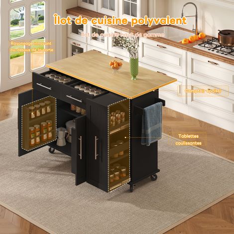 Îlot de cuisine avec abattant, chariot de rangement avec organiseur coulissant à 3 niveaux, étagères de rangement internes, chariot roulant sur roues avec porte-serviettes et 2 tiroirs pour salle à ma (1/5)