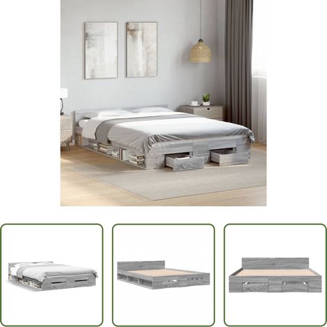 vidaXL Bois d'ingénierie -  Cadre de lit avec tiroirs sans matelas sonoma gris 160x200 cm (1/5)