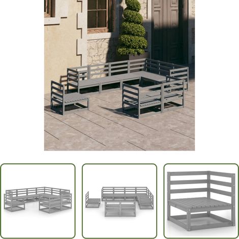 vidaXL Kiefer -  9-tlg. Garten-Lounge-Set Grau Kiefer Massivholz (1/5)