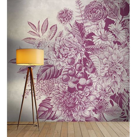 Papier peint panoramique floral tendance violet et beige | Tapisserie panoramique pour escaliers à motifs moderne | Papier peint panoramique nature - 270 x 400 cm (4 pièces) (1/5)