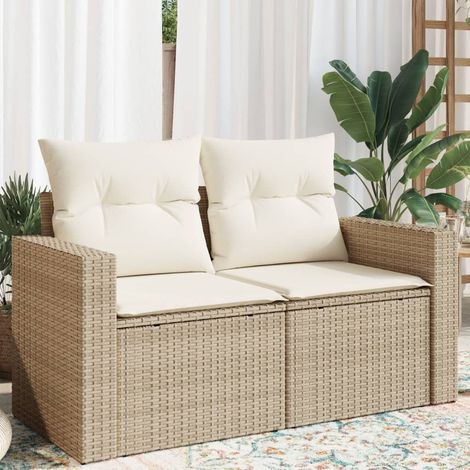 Vidaxl – Canapé de jardin 2 places beige – Résine tressée résistante aux intempéries – Coussins épais amovibles – Dimensions 131x62x69 cm
