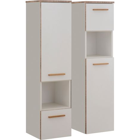 Badezimmer Midischrank DOVER-66 in Weiß Glanz mit 3D Kanten in Riviera Eiche Nb., B/H/T: ca. 30/122,5/33 cm (1/5)