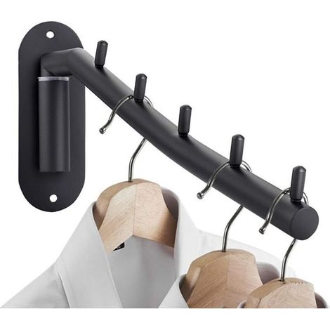 Porte manteau,Cintre mural en acier inoxydable avec bras oscillant, organiseur de rangement robuste pour buanderie, chambre à coucher, séchoir à vêtements avec 5 crochets, noir (1/5)