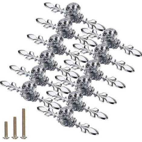 Poignées décoratives en cristal clair taillé en diamant - pour tiroirs, coiffeuses, etc. - Lot de 12, argentées, 17 cm de long (1/4)