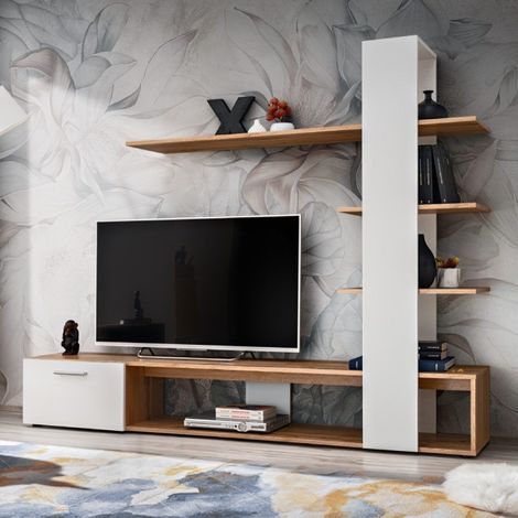 Ensemble Meuble TV Design "Eko" 190cm Naturel & Blanc (1/5)