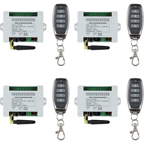 Relais sans fil RF 4 canaux 12 V, 24 V, 36 V CC, 10 A, 433 MHz : récepteur + émetteur 4 canaux, 4 récepteurs et 4 télécommandes. (1/4)