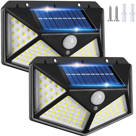 Lámpara solar de exterior con sensor de movimiento，3 configuraciones，[paquete de 2] Lámpara solar de exterior de 100 LED para garaje (1/2)