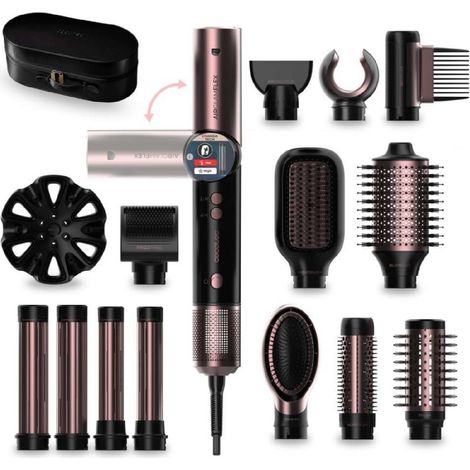 Cecotec Moldeador de Pelo 14 Cabezales AirGlam 14in1 Flex Black. 1400W, 110000RPM, Pantalla, Tecnología Coanda, Motor Brushless