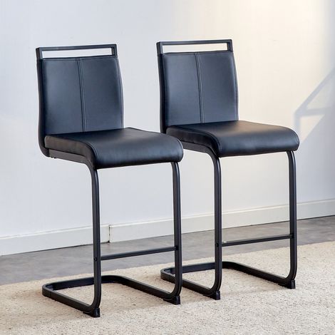 Lot de 2 Tabourets de bar 96,5cm style scandinave avec repose-pieds design ergonomique en Métal et Simili Cuir Noir