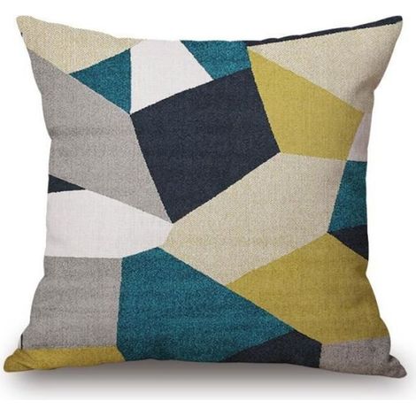 HT PJ Housse de coussin - Coton - Bleu et jaune - Motif figure géométrique