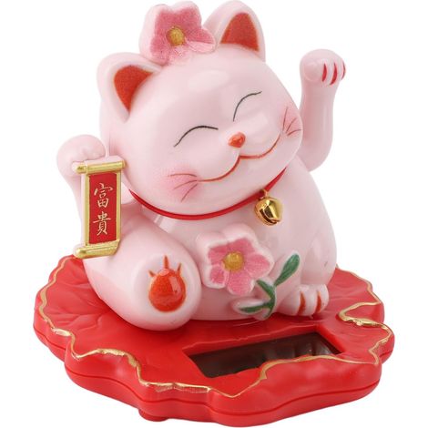 Solar Powered Lucky Cat, Waving Arm, Pink ABS Fortune Cat Decoration with Induction Light for Home, Car, Office, Hanging Gift (1/5)