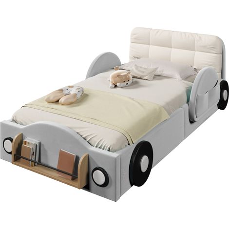 CHICFURN Lit enfant 90x200 avec rangement hydraulique, lit une place en velours gris avec poches latérales, étagère à livres et grand coussin de tête (1/5)