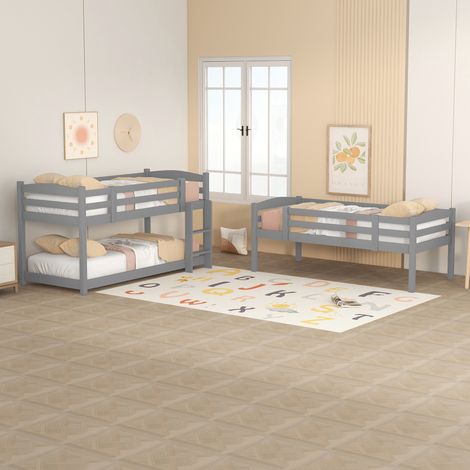Lit superposé 3 places bois 90x200cm gris, literie enfant sans matelas, couchage triple économique, meuble chambre compact, 3 lits empilés 90200 (1/5)