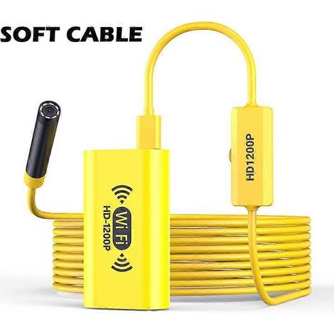 Endoscope Wi-Fi HD 2 MP, objectif 8 mm, mini caméra sans fil pour l'inspection de tuyaux et de moteurs, 8 LED réglables, compatible iPhone, Android et PC, câble souple jaune de 1 m. (1/5)
