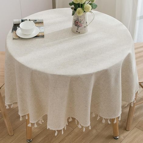Mantel redondo de lino y algodón beige, color liso, antimanchas, lavable, para cumpleaños, bodas, comedores, mesas de centro, versátil para interior y exterior, 150 cm (1/5)