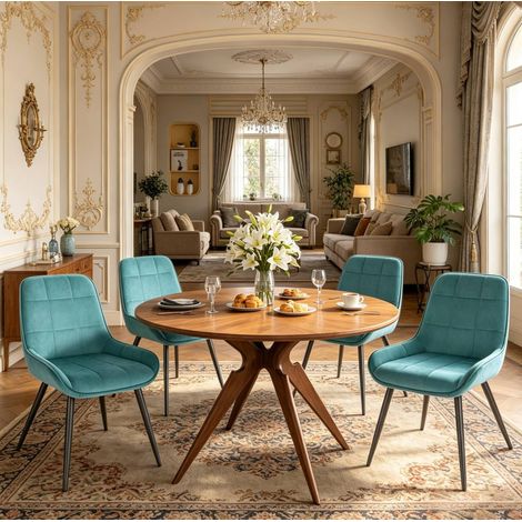 Lot de 4 chaises de salle à manger en velours turquoise, structure métal, H 81,5 cm (1/5)