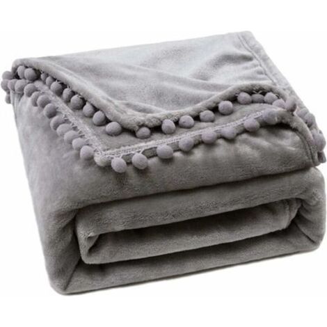 Plaid Fleece Blanket in Velvet Flannel, 1 Piece Thick Fluffy Soft Warm Fur with Decorative Pompom 100X150CM Gray (1/5)