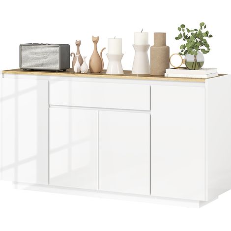 Buffet 140 x 40 x 75 cm de salon avec 4 portes tiroir et étagères réglables brillant, blanc naturel (1/5)