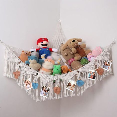 Hamac enfant pour peluches en macramé - - Grande taille - 100x100x135 cm - Rangement d'angle - Coton écologique (1/4)