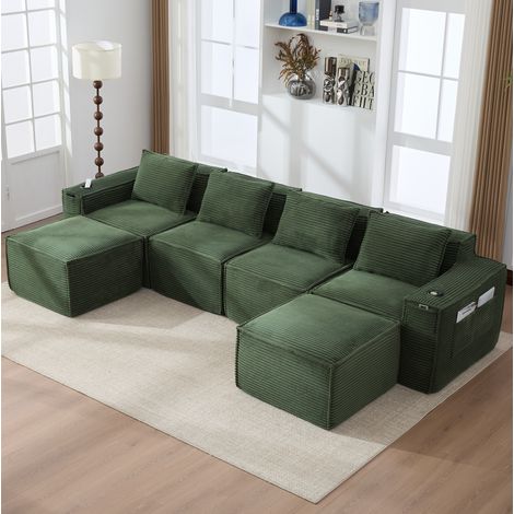 Canapé modulaire 4 places en velours côtelé vert avec 2 poufs, porte-gobelets et poches,330x162x75 cm (1/5)