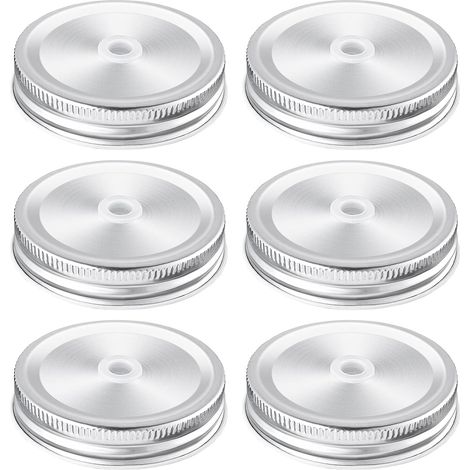 Lot de 6 couvercles de bocaux Mason avec trou de paille - 70 mm Couvercles de Pots Mason pour bocaux à ouverture normale, couvercles, Argentés (1/5)