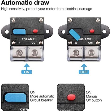 Auto Disjoncteur Protection De Voiture 200A, Auto-disjoncteur de Réinitialisation 12-48V DC Auto Disjoncteur étanche avec Commutateur Réinitialisation de Fusible pour Voiture Bateau Moto Marine (1/3)