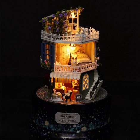 Maison de poupée miniature créative à faire soi-même, avec boîte à musique rotative, couvercle anti-poussière et lumière LED. (1/5)
