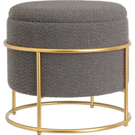 Pouf Poggiapiedi Contenitore Rotondo in Oro e Tessuto Grigio Scuro 43x43x40cm (1/5)