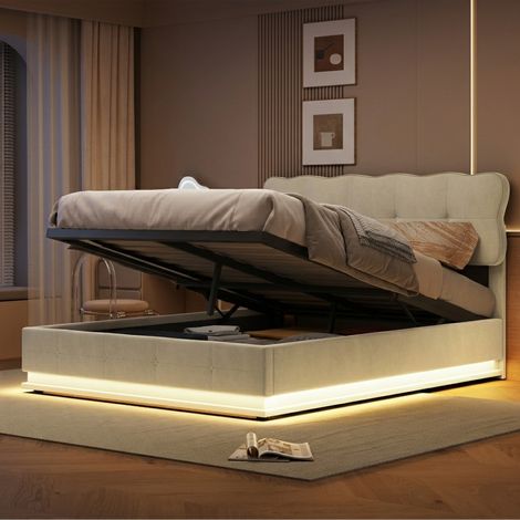 Lit coffre 140x190,lit 140x190 avec sommier à lattes,LED,lit double capitonné,lit adulte,lit 2 personnes,tissu en velours,Beige