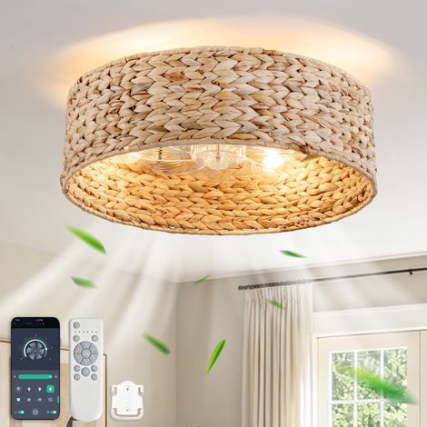 19 pouces Ventilateur-Plafonnier Encastré avec Pales en ABS, Design Rotin, Double Commande via Application et Télécommande, 6 Vitesses, Idéal pour Petites Chambres au Style Rustique Minimaliste (1/5)