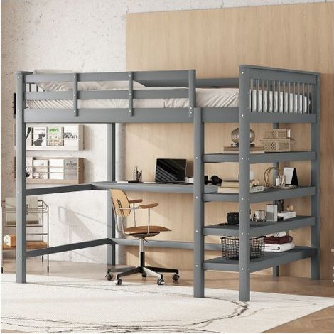lit mezzanine 140x200, structure bois massif sécurisé lit mezzanine enfant, bureau intégré, rangements intégrés, garde-corps haut