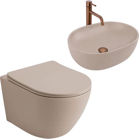 Rea Conjunto Inodoro Suspendido Focus + Lavabo Sobre Encimera Focus Taupe (1/5)