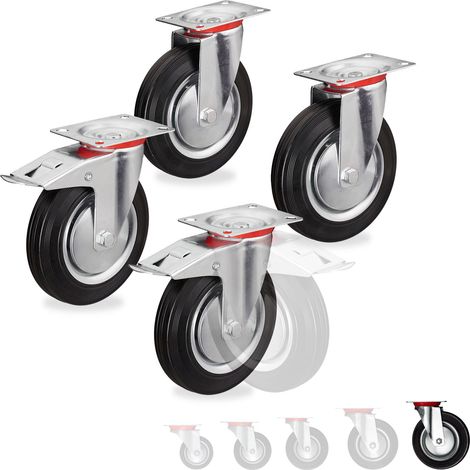 Relaxdays Roues charge lourde jeu de 4, pivotent à 360°, roulement à billes, 2 freins, capacité 800 kg, 200 mm, noires