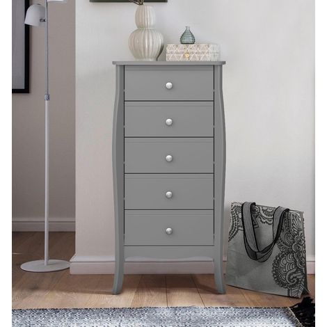 Commode enfant 5 tiroirs en MDF easycare gris – Dimensions : 80x40x90cm – Élégante avec pieds incurvés – Rangement spacieux pour vêtements