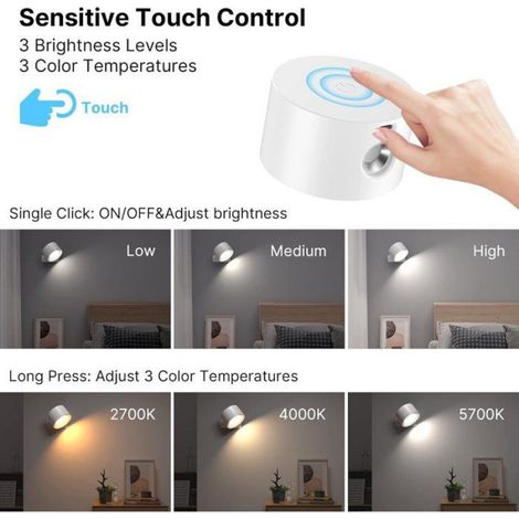Applique Murale - LED Rechargeable Sans Fil - 3 Couleurs 3 Niveaux Luminosité - Rotation 360° - Intérieur - 1 Pièce (1/5)