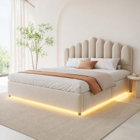 Cama canapé 180 x 200 cm con LED, cabecero tapizado, terciopelo beige HAVRYA (1/5)