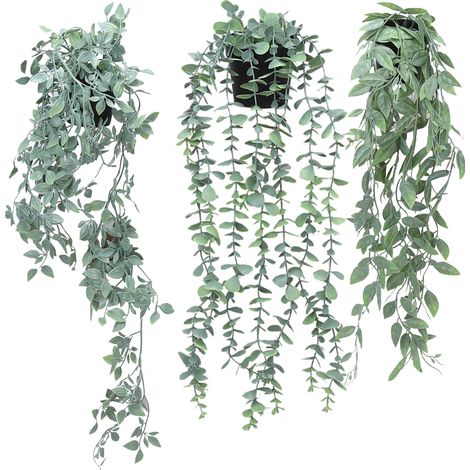 Lot de 3 plantes suspendues artificielles en pot – Eucalyptus, datura, pois de senteur – Feuillage réaliste, déco murale/étagère, maison, bureau (1/5)