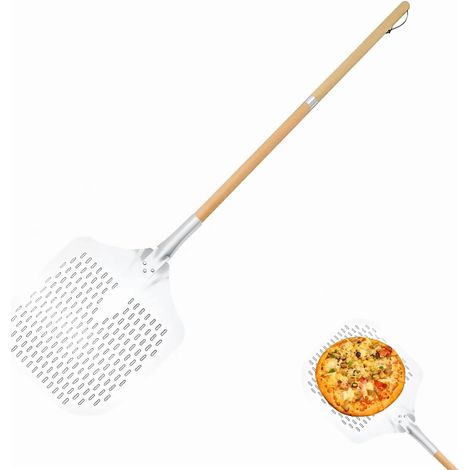 Pelle à pizza perforée - 35 x 30 cm - En aluminium - Avec poignée en chêne super longue amovible de 88 cm - Pour pierre à pizza, four et barbecue à gaz (1/5)