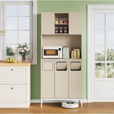 Armario de cocina alto (80x35x181 cm), con compartimento para cubos, hueco para robot aspirador, MDF blanco y madera clara (1/5)