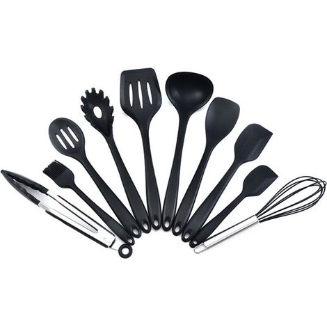 Kit de 10 ustensiles de cuisine en silicone noir – Résistance à la chaleur jusqu'à +230 °C – Antiadhésifs et faciles à nettoyer