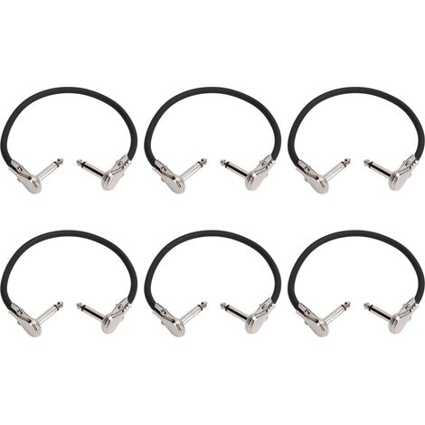 Lot de 6 câbles d'effet pour guitare électrique, coudés à droite, 6,35 mm (1/4 pouce), 30 cm, tête plate, argentés. (1/5)