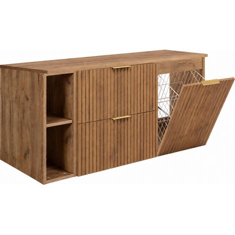 Meuble sous vasque 120 cm avec panier à linge, chêne craft, poignées noires (1/5)