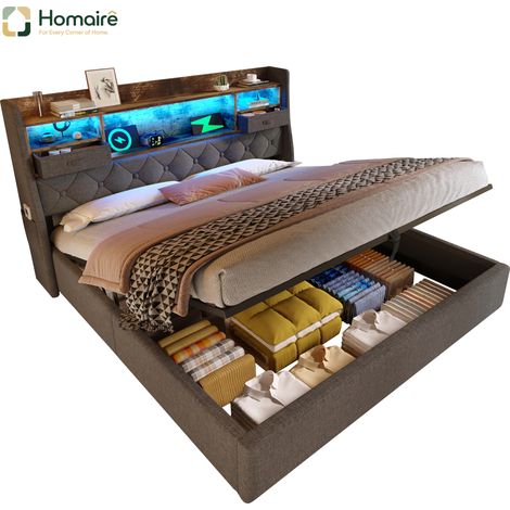 Cadre de lit en tissu gris avec rangement et port USB 221 x 193,5 x 116 cm HOMAIRE (1/5)