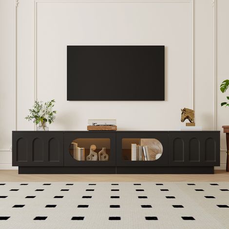 Mueble tv 200x40x42 cm de salón con led app y puertas de cristal estilo vintage mdf negro (1/5)