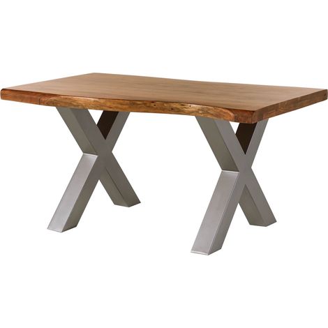 Table à manger 140x90 en bois d'acacia brun pieds en X gris FREEFORM 5